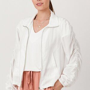 MYSTREE White Ruched Sleeve Zip Front Lightweight Jacket | Chic Layering Piece